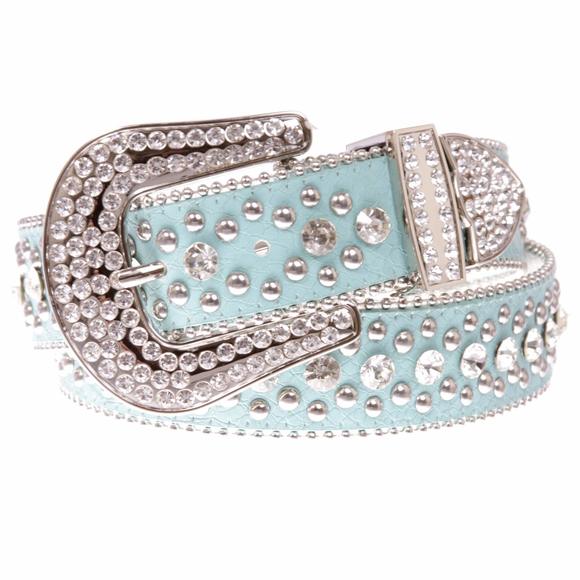 Women's Western Cowgirl Alligator Rhinestone Studded Leather Belt, Aqua | 36"🫲 - Picture 3 of 5